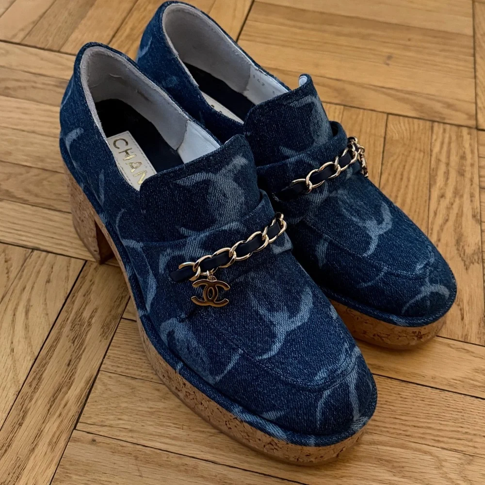 Chanel Denim Platform Loafers/clogs with Chain Accent - Blue